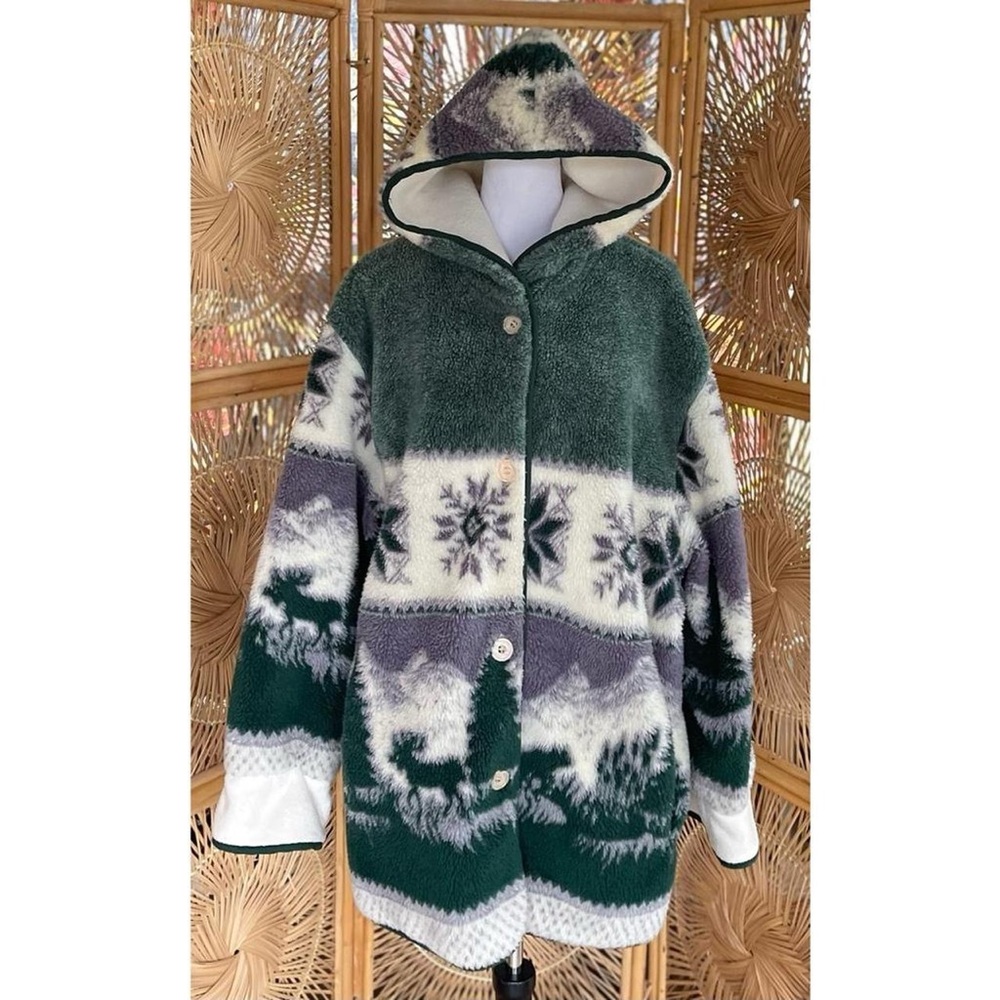 Vintage CS Signature Heavy Fleece Hooded Button Front Jacket Forest Moose Bear - Picture 7 of 8
